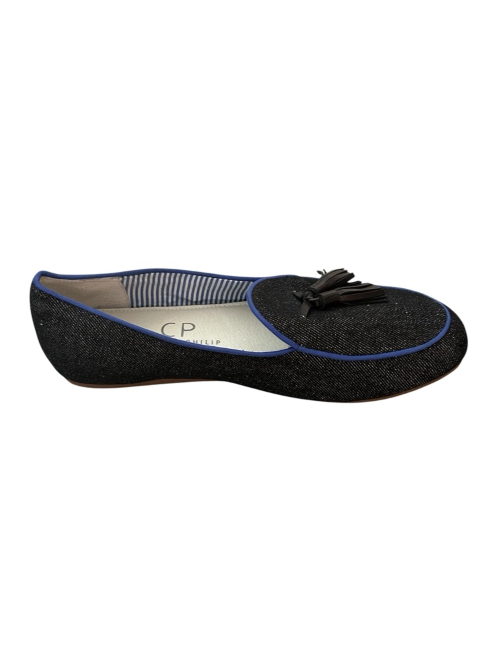 Charles Philip Shanghai Black Denim Loafers with Blue Piping Shoes Flats Sz 9.5 - Picture 2 of 8